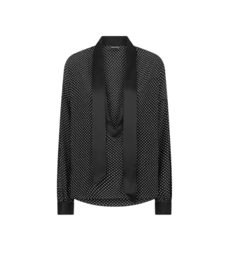 Polka Dot Silk Crepe De Chine Lavalliere Tunic Top with Tuxedo Details