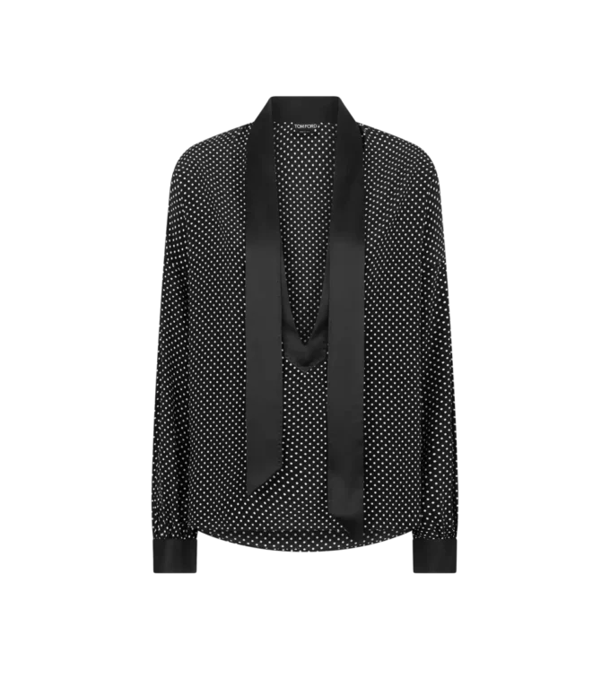 Polka Dot Silk Crepe De Chine Lavalliere Tunic Top with Tuxedo Details