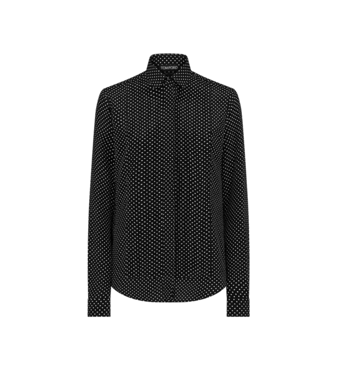 Polka Dot Silk Crepe De Chine Shirt with Plisse Plastron