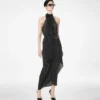 Polka Dot Silk Sable Wrap Skirt with Leather Detail
