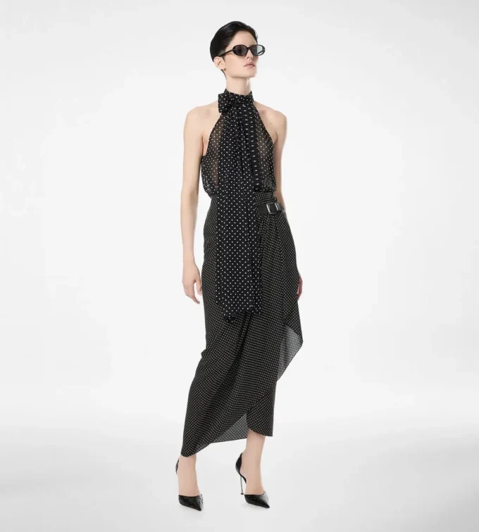 Polka Dot Silk Sable Wrap Skirt with Leather Detail