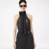 Polka Dot Silk Georgette Halterneck Lavalliere Top with Plisse Detail