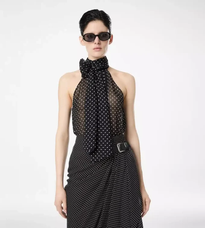 Polka Dot Silk Georgette Halterneck Lavalliere Top with Plisse Detail