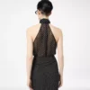 Polka Dot Silk Georgette Halterneck Lavalliere Top with Plisse Detail