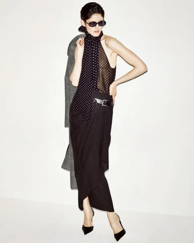 Polka Dot Silk Sable Wrap Skirt with Leather Detail