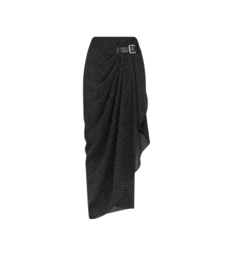 Polka Dot Silk Sable Wrap Skirt with Leather Detail