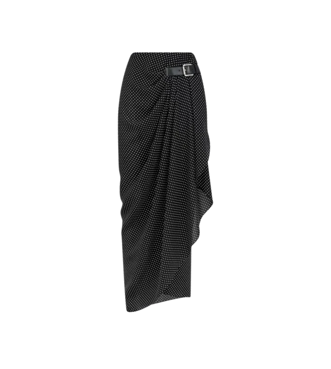 Polka Dot Silk Sable Wrap Skirt with Leather Detail