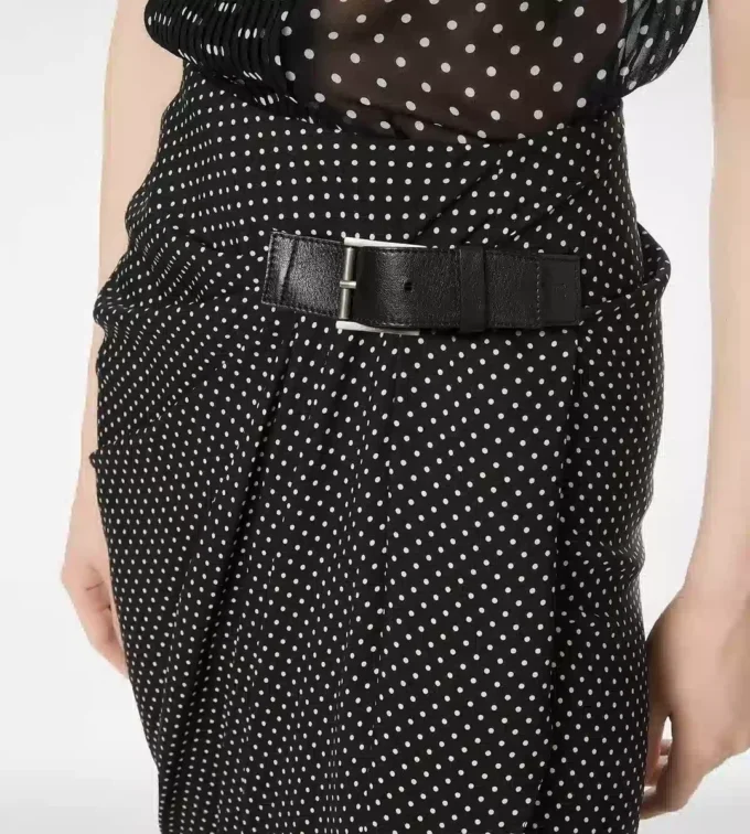 Polka Dot Silk Sable Wrap Skirt with Leather Detail