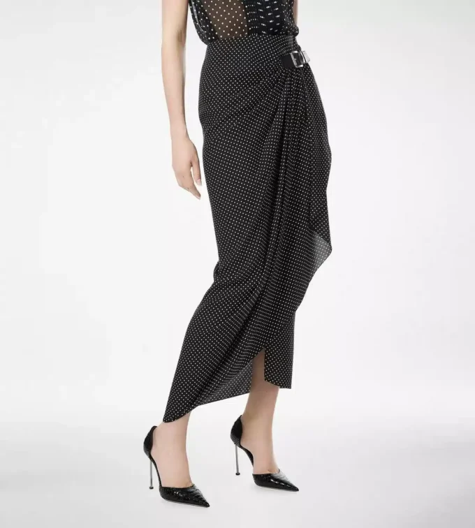 Polka Dot Silk Sable Wrap Skirt with Leather Detail