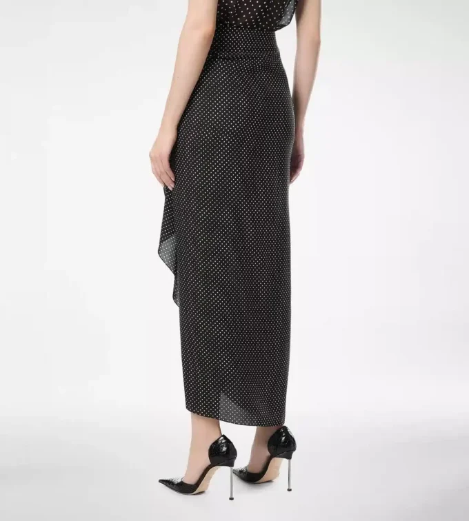 Polka Dot Silk Sable Wrap Skirt with Leather Detail