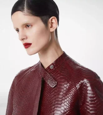 Printed Leather and Washed Duchesse Biker Coat