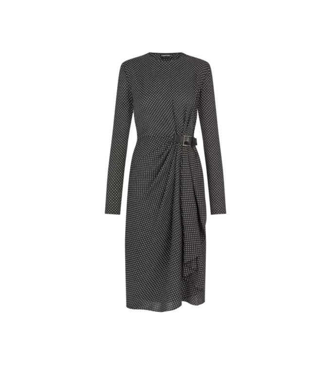 Printed Silk Sable Long Sleeve Dress with Leather Detail