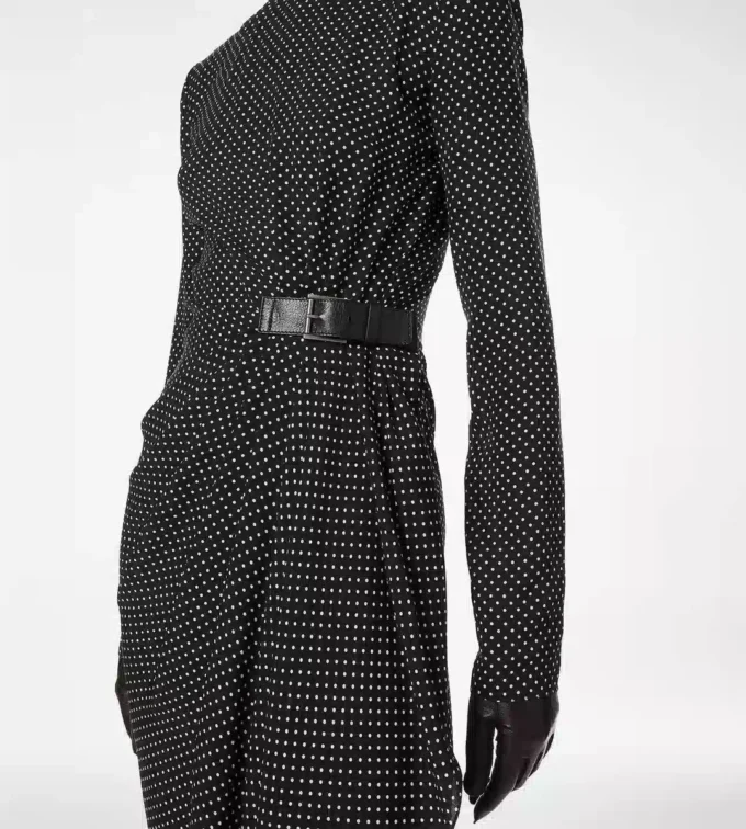 Printed Silk Sable Long Sleeve Dress with Leather Detail