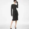 Printed Silk Sable Long Sleeve Dress with Leather Detail