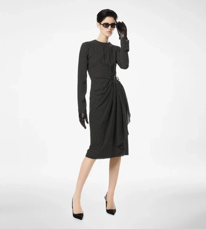 Printed Silk Sable Long Sleeve Dress with Leather Detail