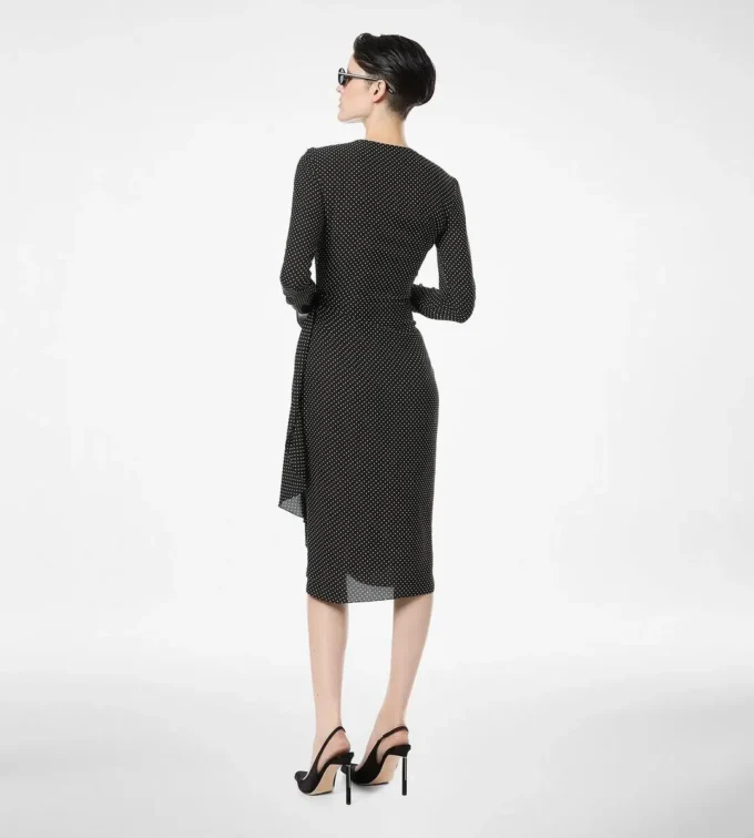 Printed Silk Sable Long Sleeve Dress with Leather Detail