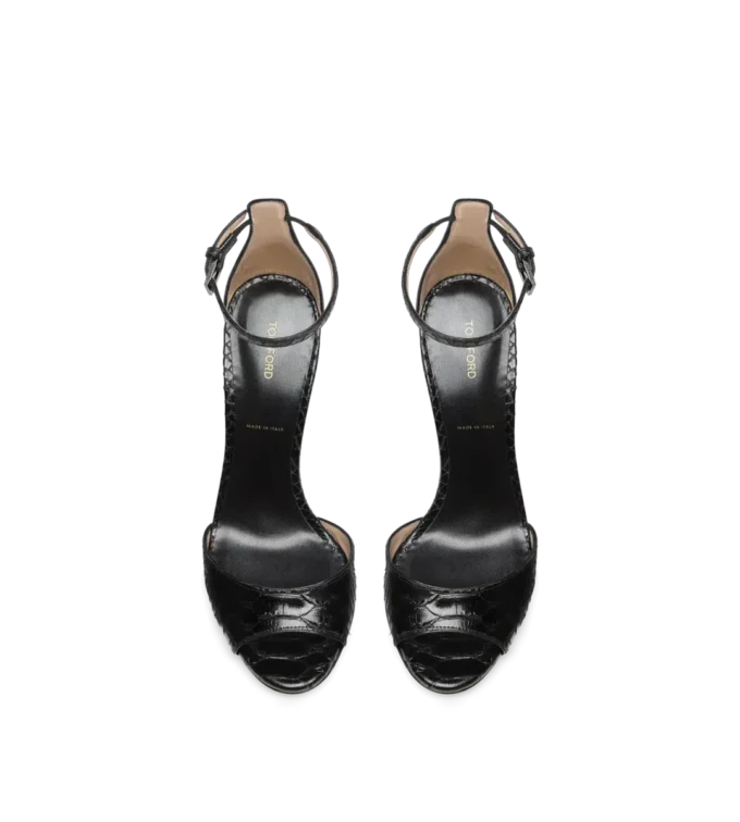 Semi Shiny Printed Python Spire Ankle Strap Sandal