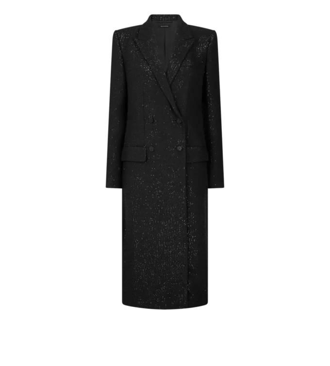 Sequined Wool Blend Crepe Double Breasted Coat Sequined Wool Blend Crepe Double Breasted Coat