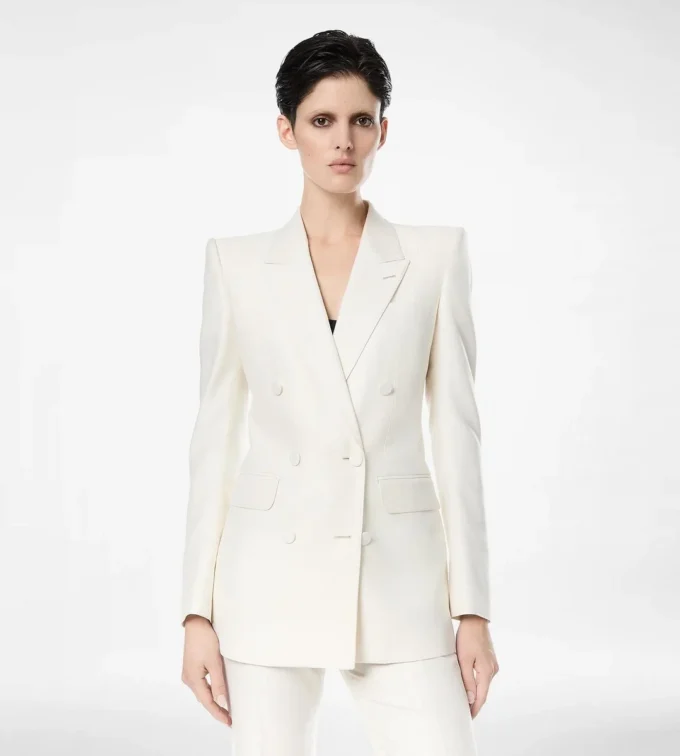 Shadow Stripe Wool Silk Double Breasted Peak Lapel Jacket Shadow Stripe Wool Silk Double Breasted Peak Lapel Jacket
