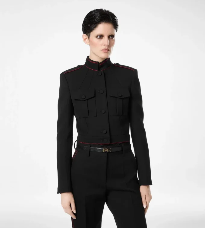 Sharp Wool Gabardine Officer Jacket with Piping Sharp Wool Gabardine Officer Jacket with Piping