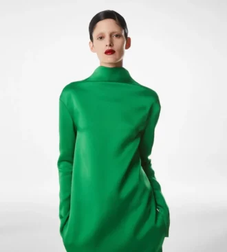 Shiny Crepe Mock Neck Column Evening Dress
