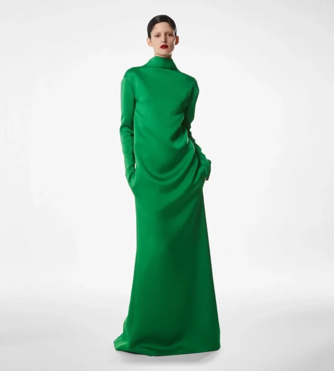 Shiny Crepe Mock Neck Column Evening Dress Shiny Crepe Mock Neck Column Evening Dress