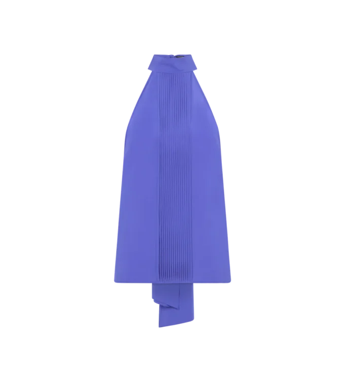 Silk Halterneck Lavalliere Top with Plisse Detail