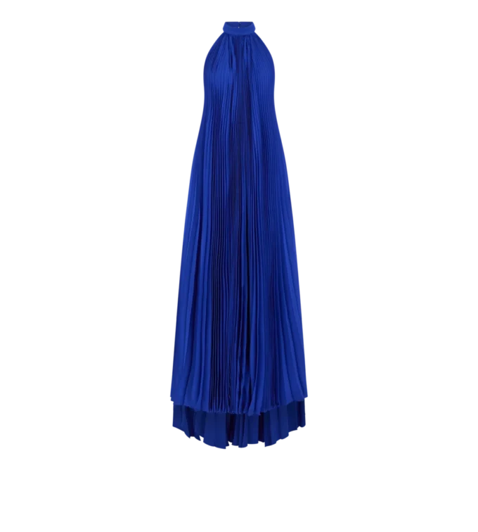 Silk Halterneck Sunray Plisse Evening Dress