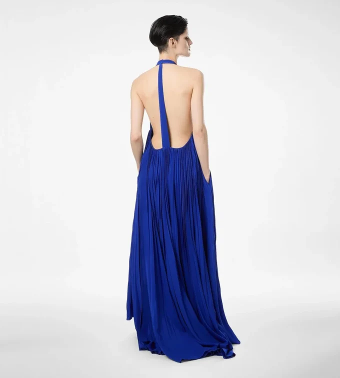 Silk Halterneck Sunray Plisse Evening Dress