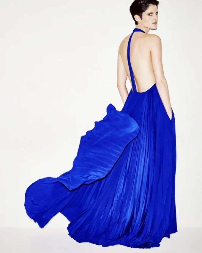 Silk Halterneck Sunray Plisse Evening Dress