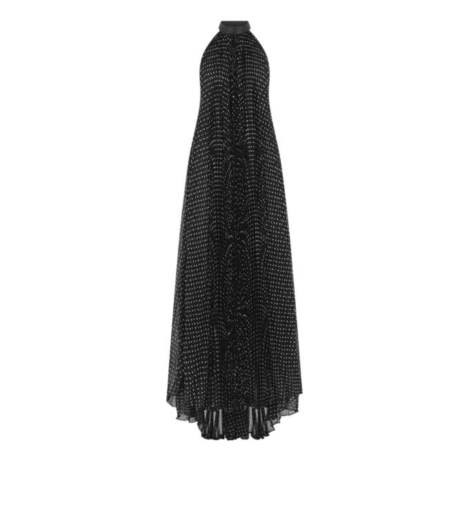 Silk Halterneck Sunray Plisse Evening Dress with Leather Detail