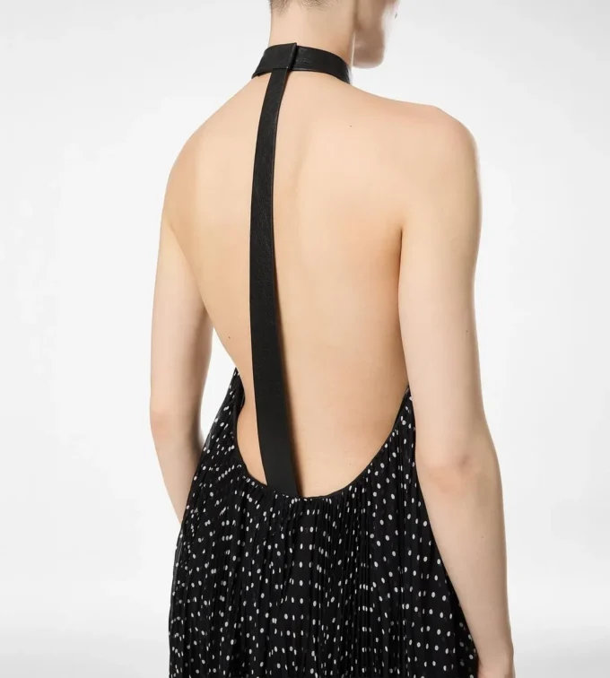 Silk Halterneck Sunray Plisse Evening Dress with Leather Detail