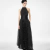 Silk Halterneck Sunray Plisse Evening Dress with Leather Detail