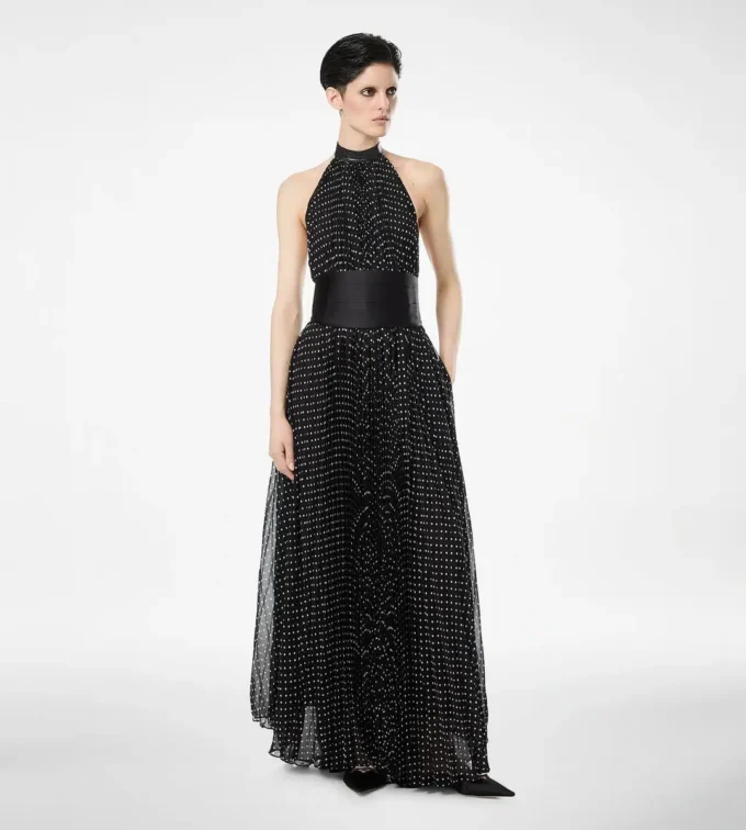 Silk Halterneck Sunray Plisse Evening Dress with Leather Detail