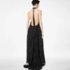 Silk Halterneck Sunray Plisse Evening Dress with Leather Detail