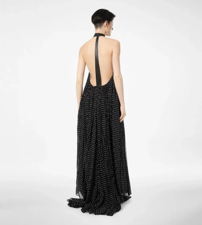 Silk Halterneck Sunray Plisse Evening Dress with Leather Detail