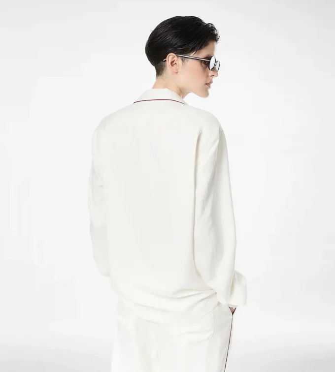 Silk Twill Pj Shirt with Piping and Tonal Tf Embroidered Logo