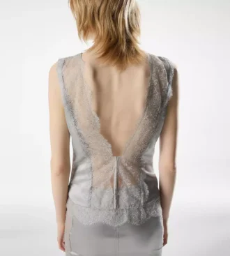 Sleeveless Silk Top with V-Back and Lace Inserts