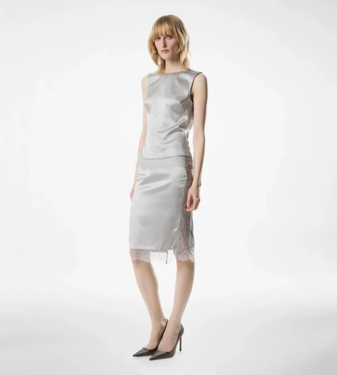 Sleeveless Silk Top with V-Back and Lace Inserts Sleeveless Silk Top with V-Back and Lace Inserts