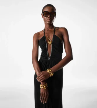 Stretch Jersey Deep V-Neck Evening Dress