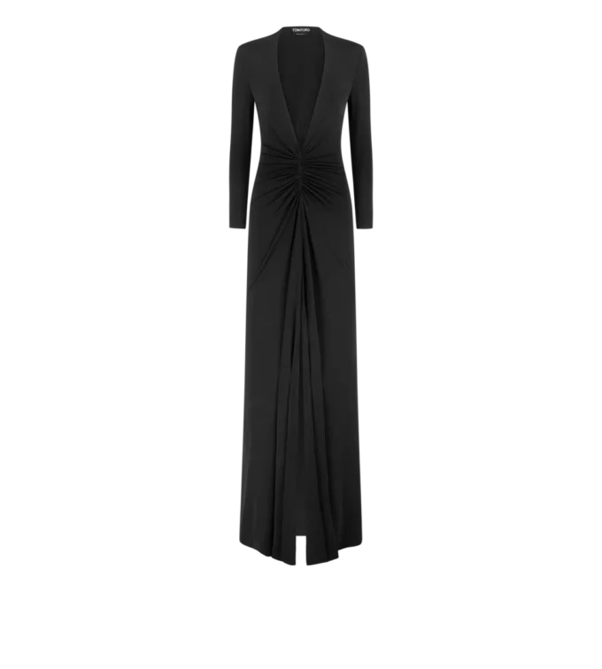 Stretch Sable’ Jersey Deep V-Neck Evening Dress