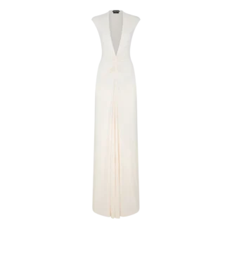Stretch Sable’ Jersey Deep V-Neck Evening Dress