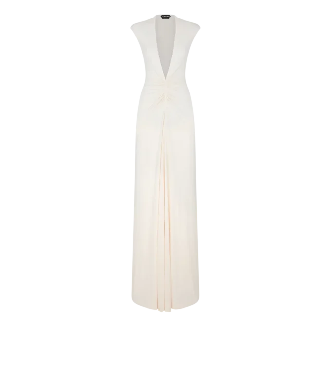 Stretch Sable’ Jersey Deep V-Neck Evening Dress