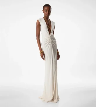 Stretch Sable’ Jersey Deep V-Neck Evening Dress