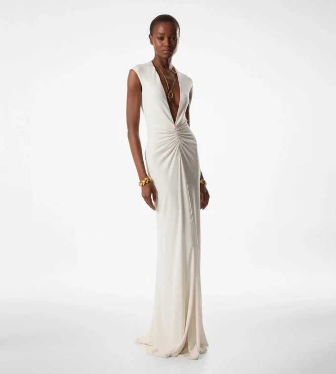 Stretch Sable’ Jersey Deep V-Neck Evening Dress