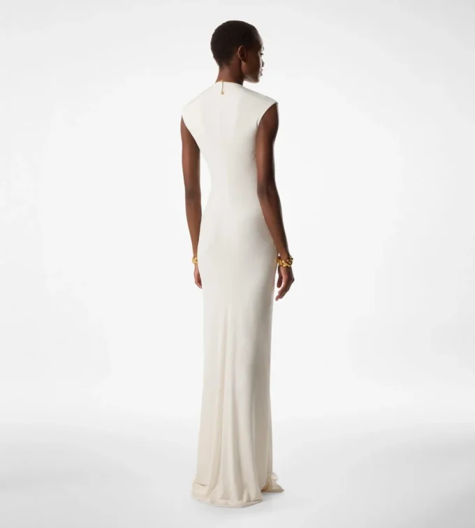 Stretch Sable’ Jersey Deep V-Neck Evening Dress