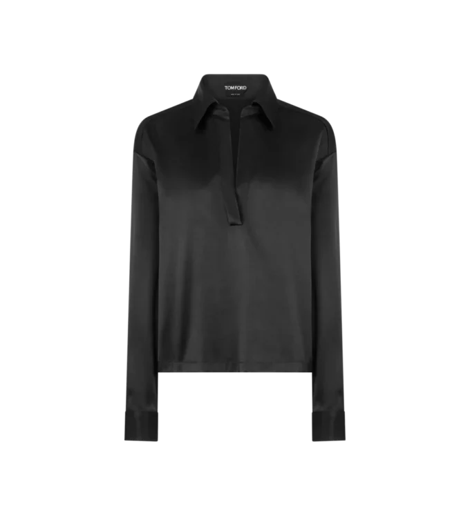 Stretch Silk Satin Polo with Tonal Tf Embroidered Logo