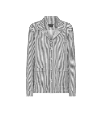 Striped Silk Pj Shirt with Piping and Tonal Tf Embroidered Logo