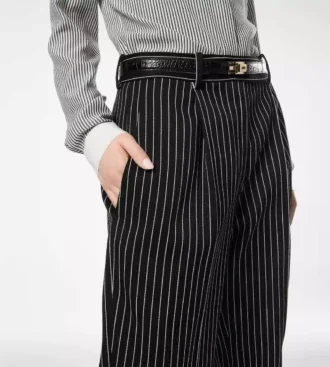 Striped Wool Cotton Barathea Relaxed Pleated Straight Pants