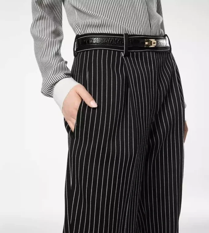 Striped Wool Cotton Barathea Relaxed Pleated Straight Pants Striped Wool Cotton Barathea Relaxed Pleated Straight Pants